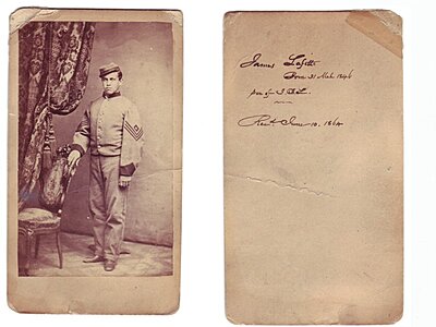 Click image for larger version

Name:	Ist Sgt James Lafette June 10 1864.jpg
Views:	176
Size:	88.2 KB
ID:	220920